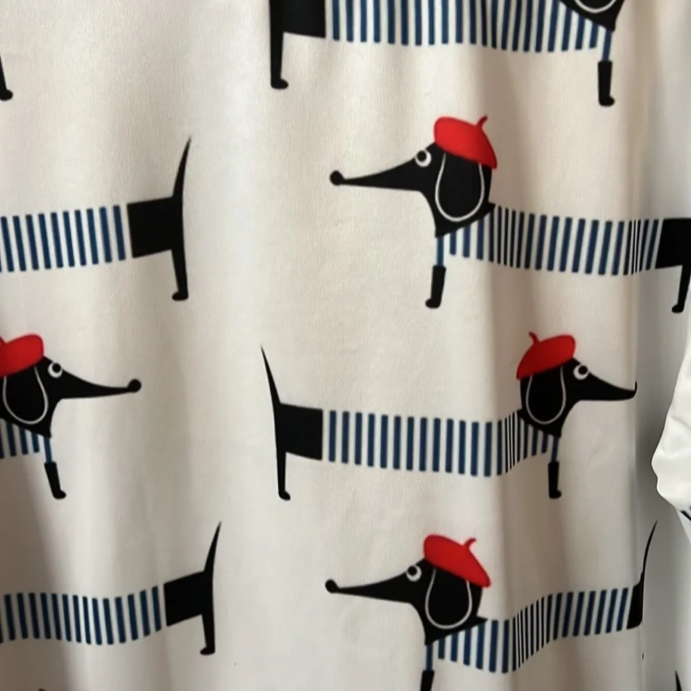 Women’s Large sweatshirt white with navy cartoon dachshunds red beret NEW - Picture 2 of 6